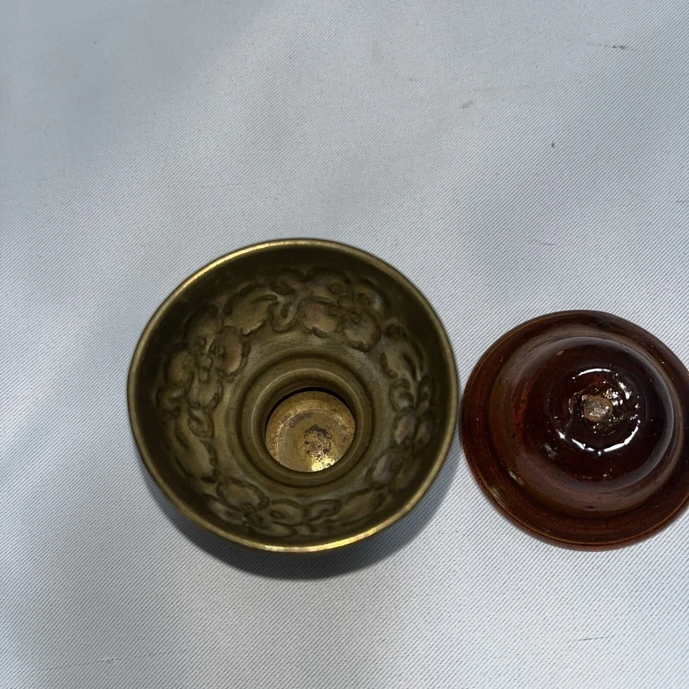 6 Piece Brass With Amber Glass Offering Bowls , Tibetan Vintage